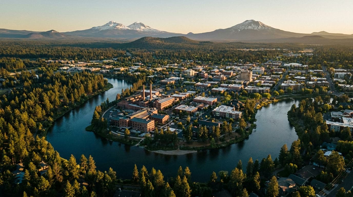 Aerial view of the Deschutes River curving through Bend, Oregon at golden hour, with the Cascades on the horizon